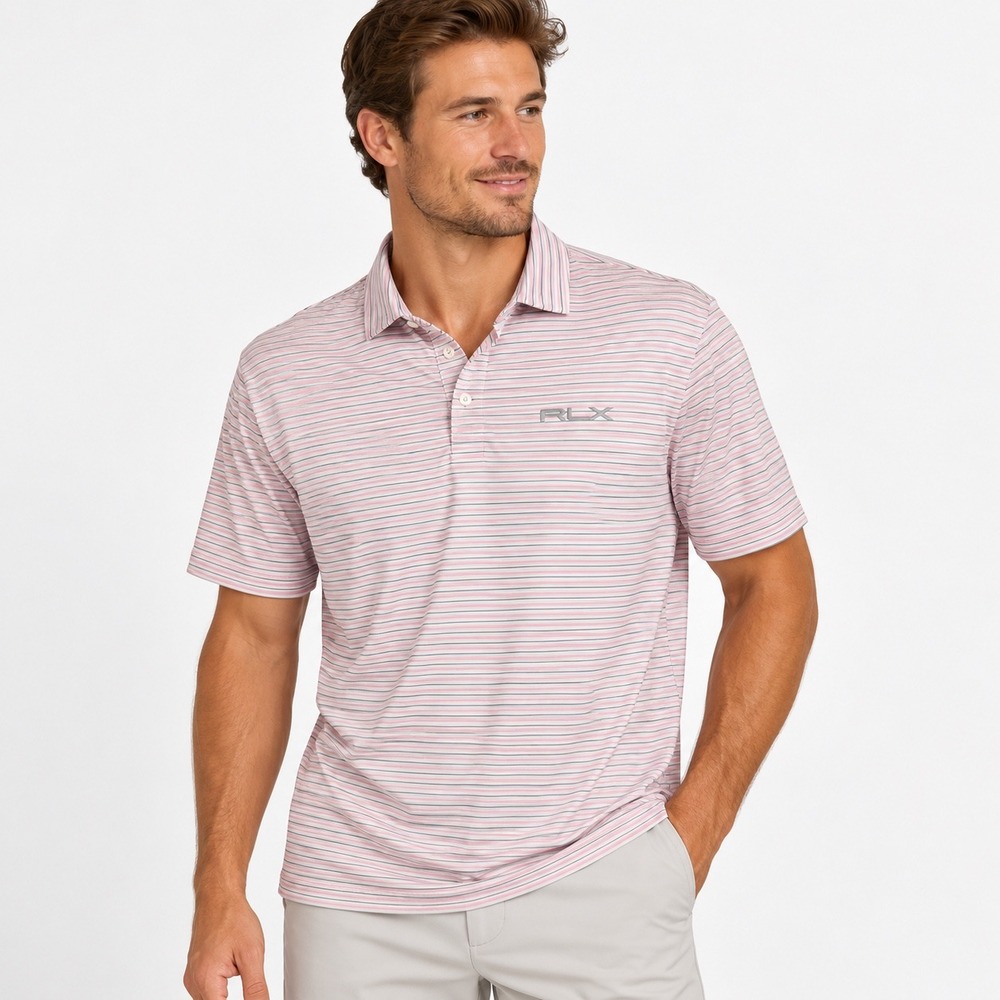 RLX Ralph Lauren Mens Large Pink Grey Striped Short Sleeve Golf Polo Shirt